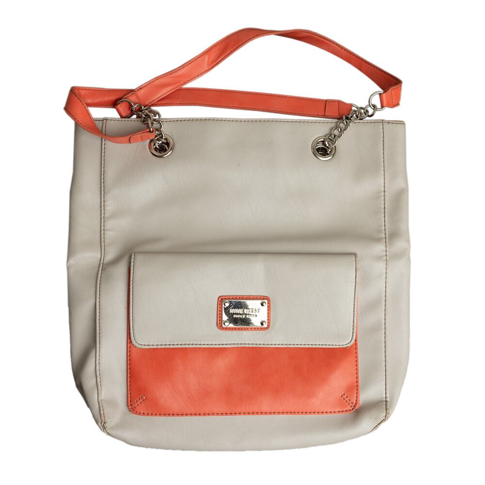 Women Designer Nine West Large Cream /Coral Faux Leather Shoulder Bag Tote Purse
